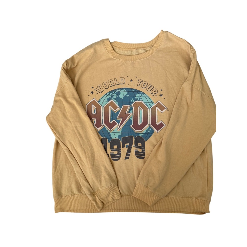 AC/DC World Tour 1979 Graphic Sweatshirt Tan Unisex Large Rock Band Pullover